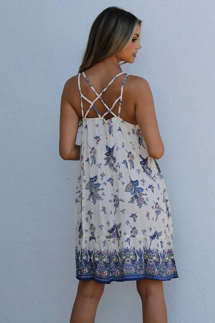 * SALE * Sweet Flowy Mini Dress ~ Cream & Blue