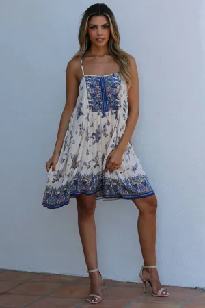 * SALE * Sweet Flowy Mini Dress ~ Cream & Blue