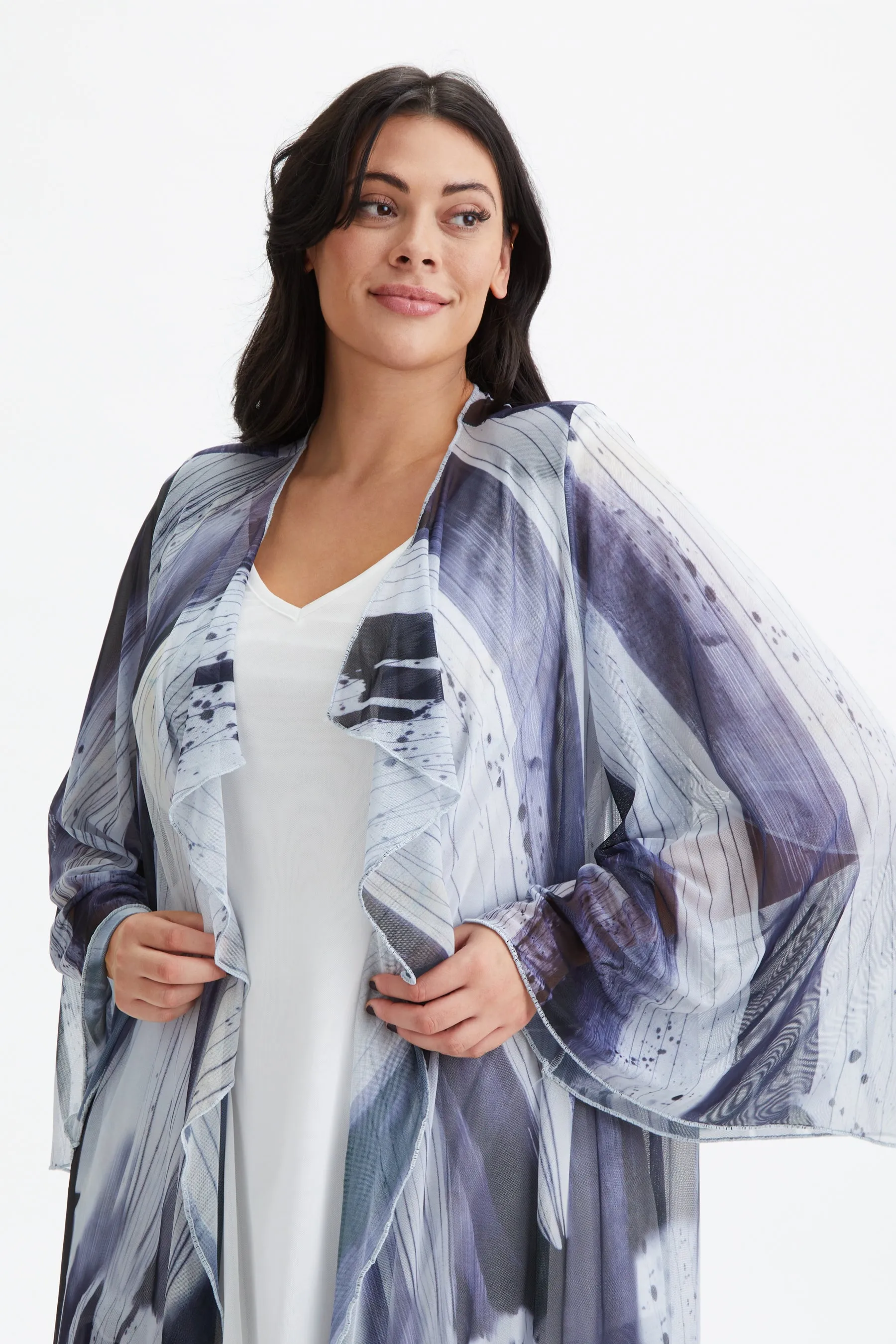 Black Grey Ivory Waterfall Long Mesh Kimono