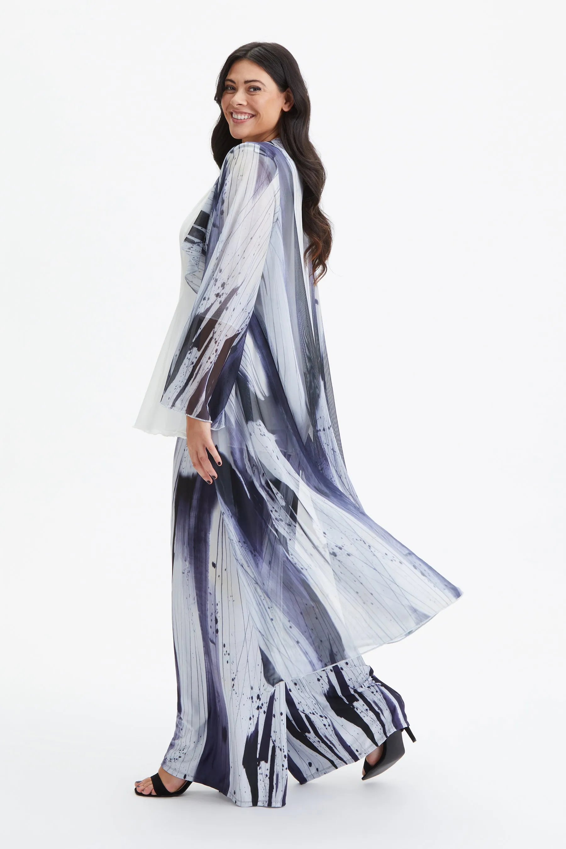 Black Grey Ivory Waterfall Long Mesh Kimono