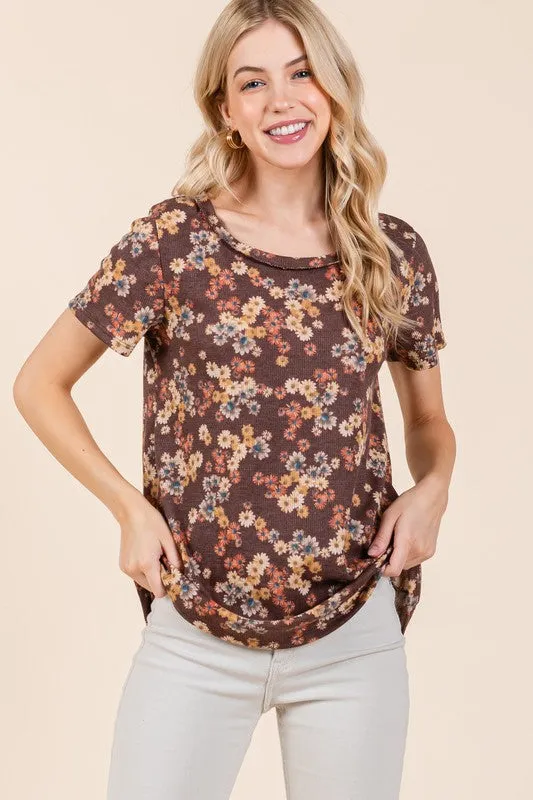 Bloom With Me Floral Short Sleeve Tee in Chocolate