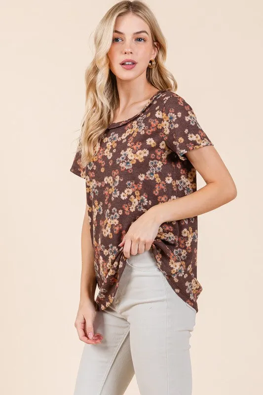 Bloom With Me Floral Short Sleeve Tee in Chocolate