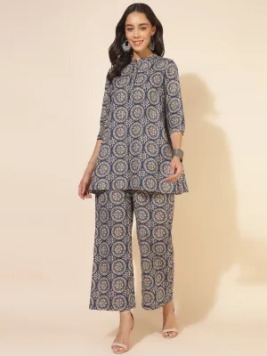Blue Cotton Ethnic Motifs Tunics & Pant Co-Ord Set