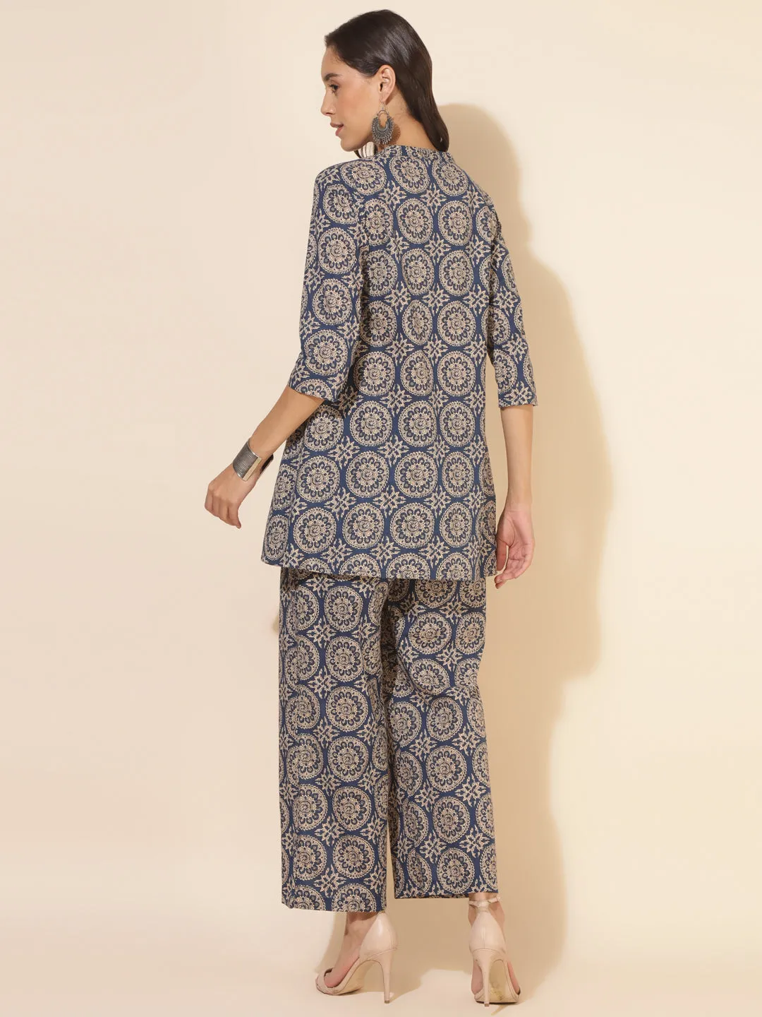 Blue Cotton Ethnic Motifs Tunics & Pant Co-Ord Set