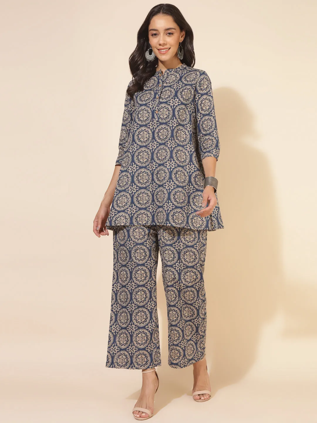 Blue Cotton Ethnic Motifs Tunics & Pant Co-Ord Set
