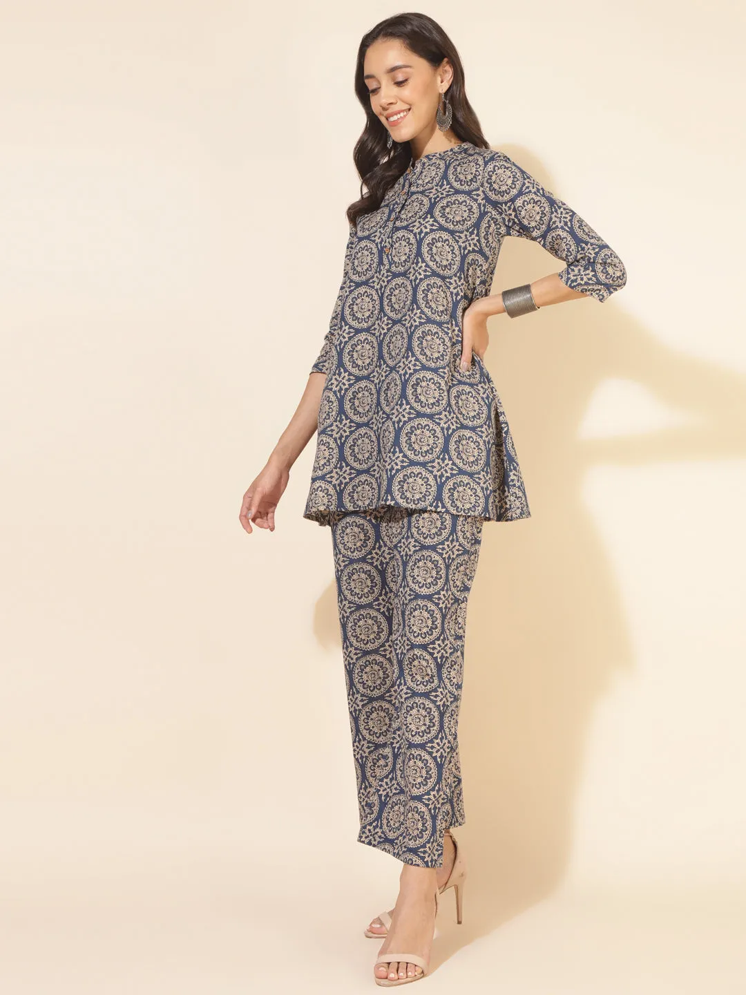 Blue Cotton Ethnic Motifs Tunics & Pant Co-Ord Set