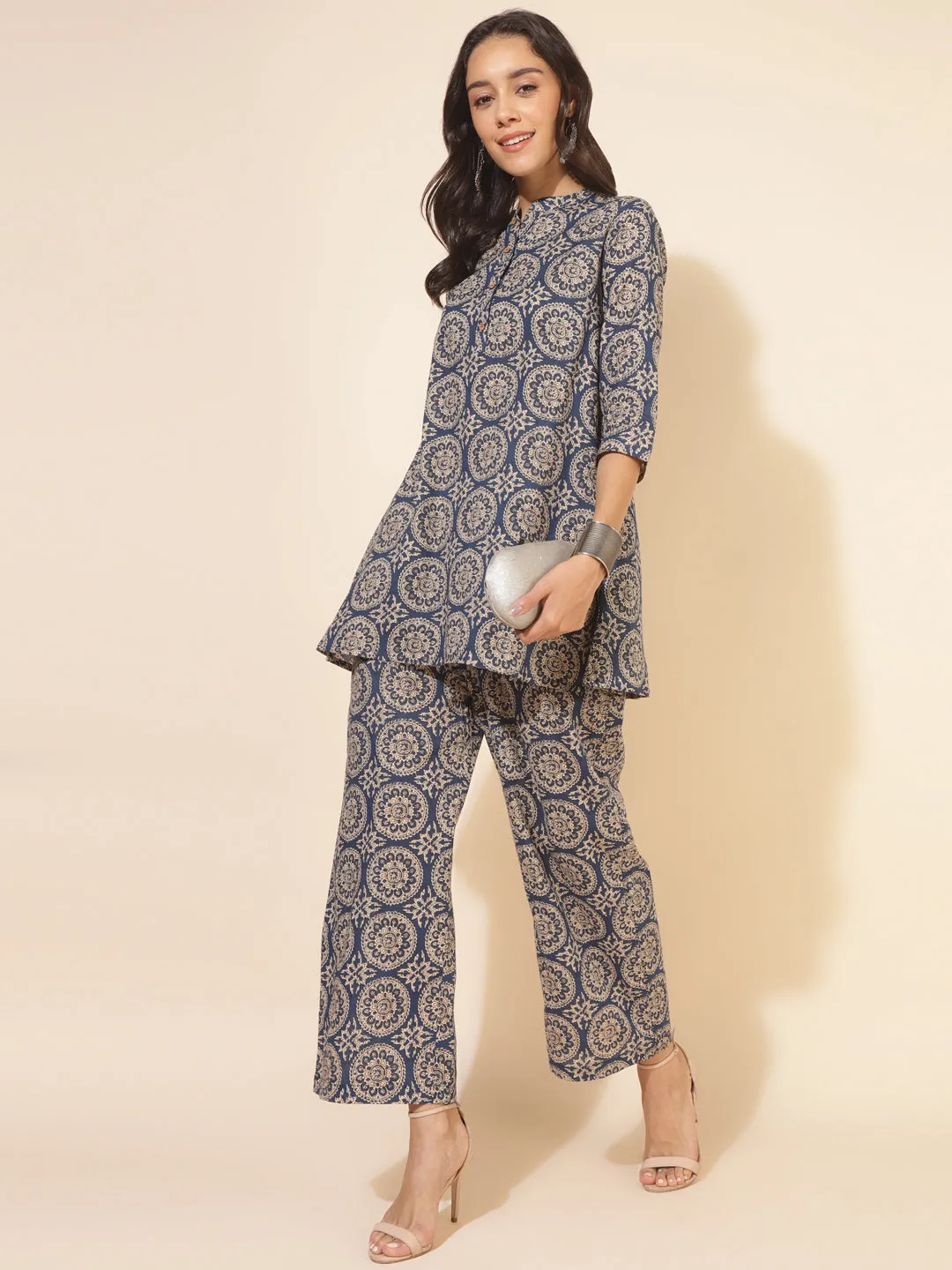Blue Cotton Ethnic Motifs Tunics & Pant Co-Ord Set