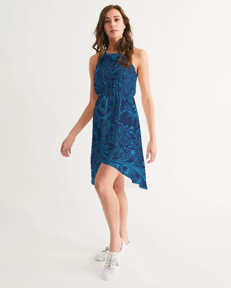 Blue Floral Women's High-Low Halter Dress