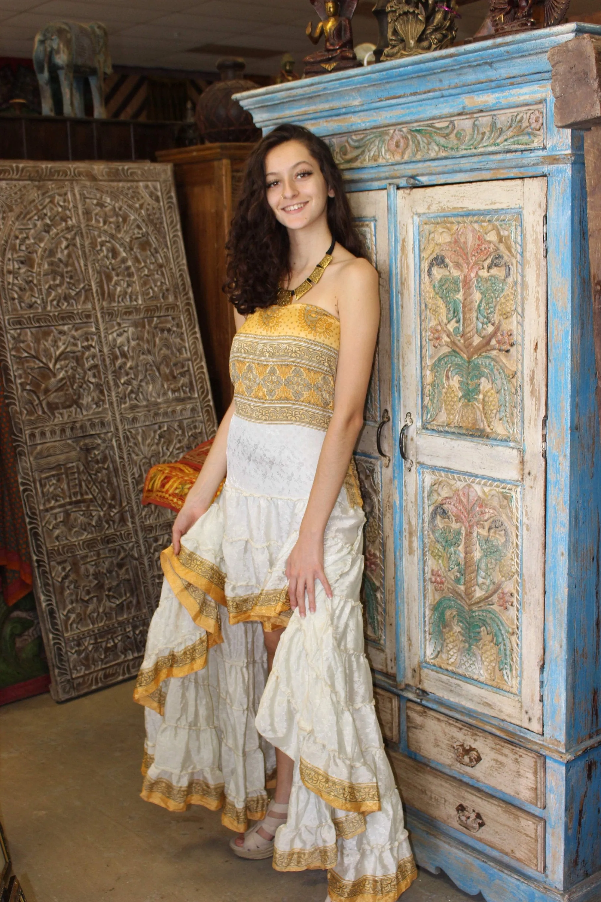 Bohemian Hi Low Maxi Dresses, Swirling Recycled Sari Strapless M/L