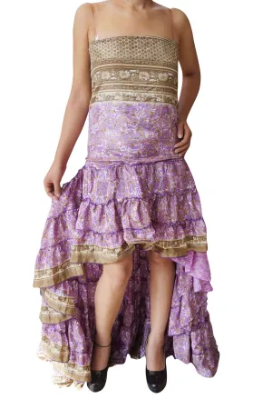 Bohemian Hi Low Maxi Dresses, Swirling Recycled Sari Strapless M/L