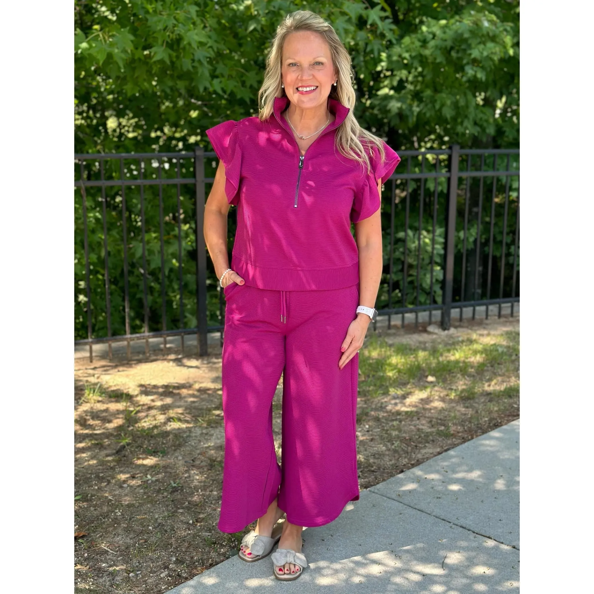 Chelsea Textured High-Waisted Wide Leg Pants - Magenta - FINAL SALE
