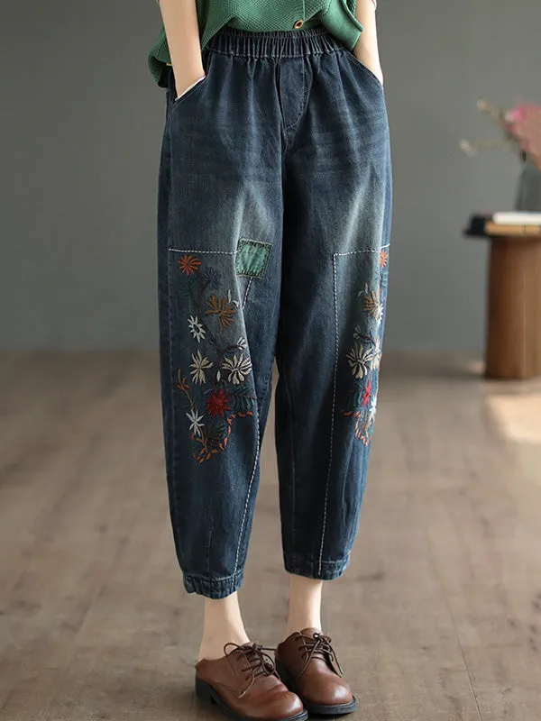 Chicmy-Vintage Loose Embroidered Elasticity Harem Jean Pants Bottoms