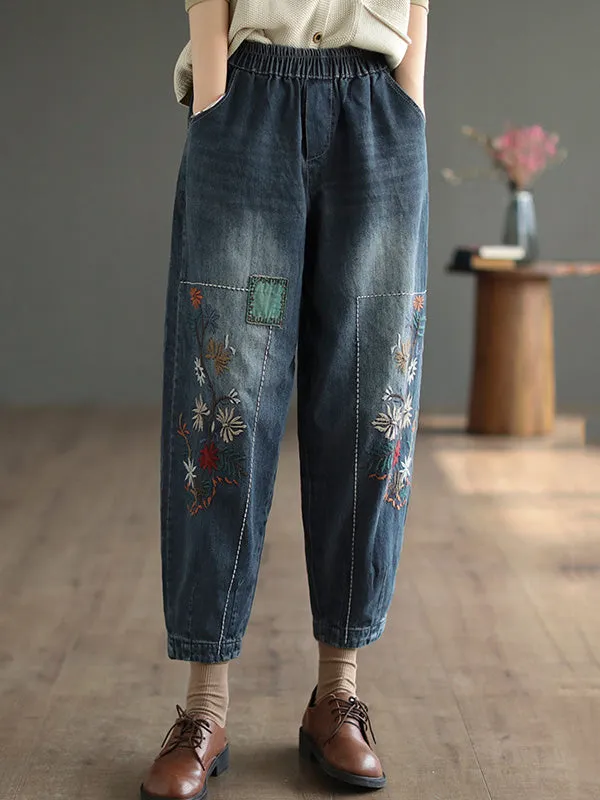 Chicmy-Vintage Loose Embroidered Elasticity Harem Jean Pants Bottoms