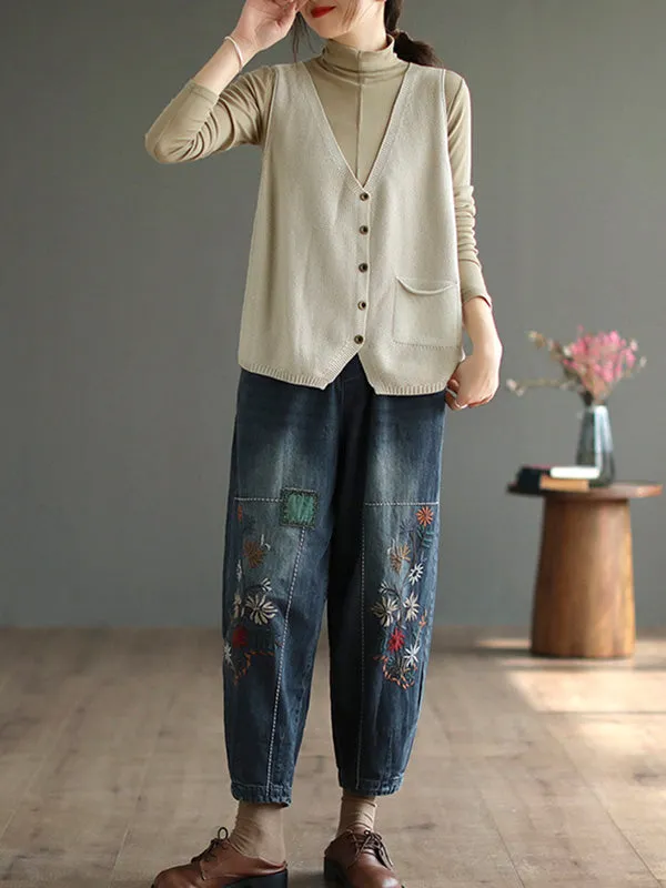 Chicmy-Vintage Loose Embroidered Elasticity Harem Jean Pants Bottoms