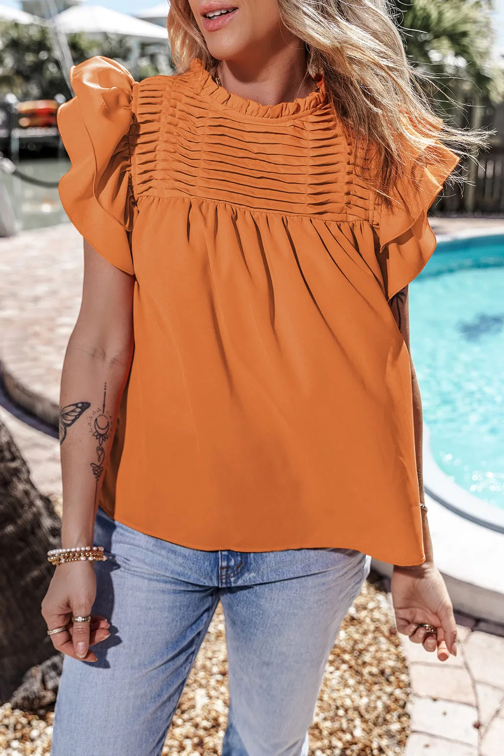 Dayana Ruffled Flutter Sleeve Pleated Blouse by Threaded Pear