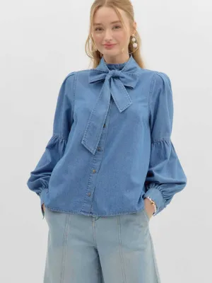 Denim Bow Tie Blouse with Ruched Long Sleeves