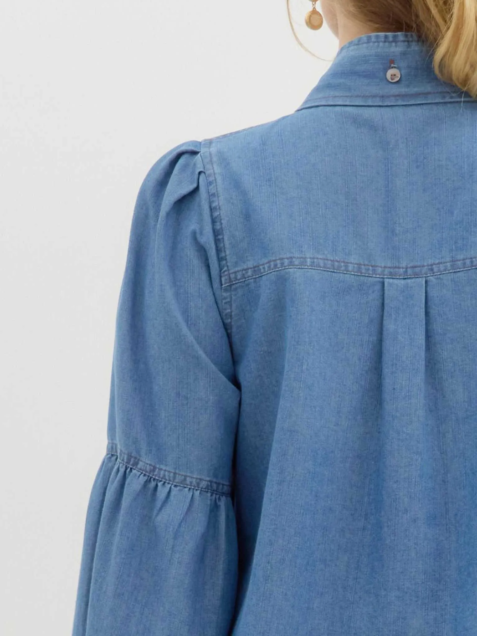Denim Bow Tie Blouse with Ruched Long Sleeves