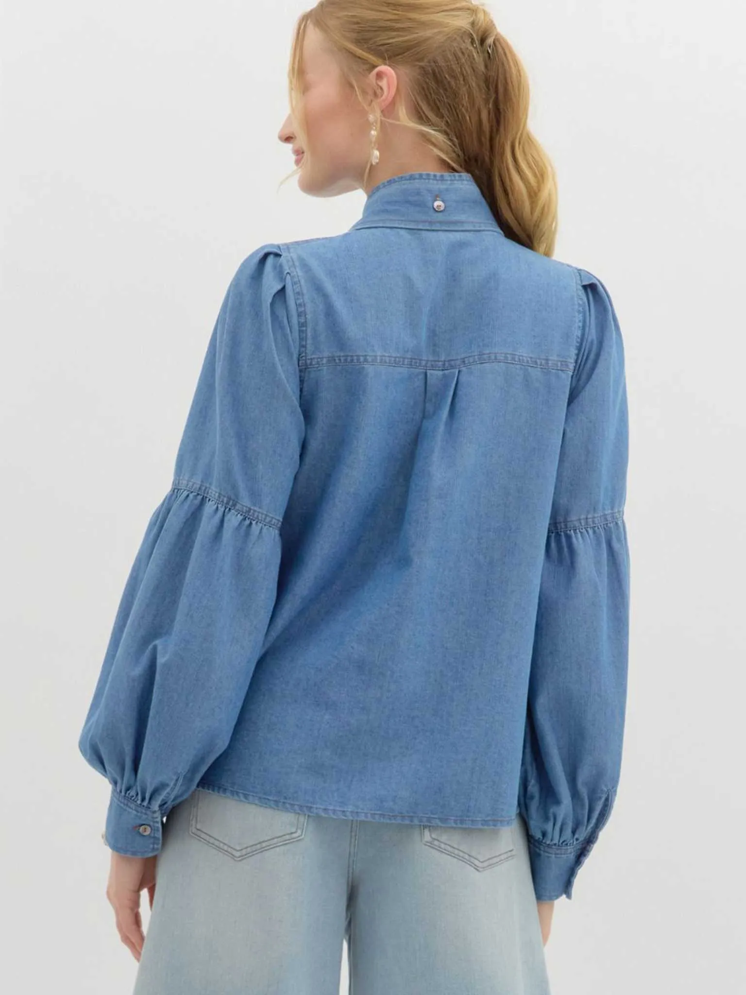 Denim Bow Tie Blouse with Ruched Long Sleeves