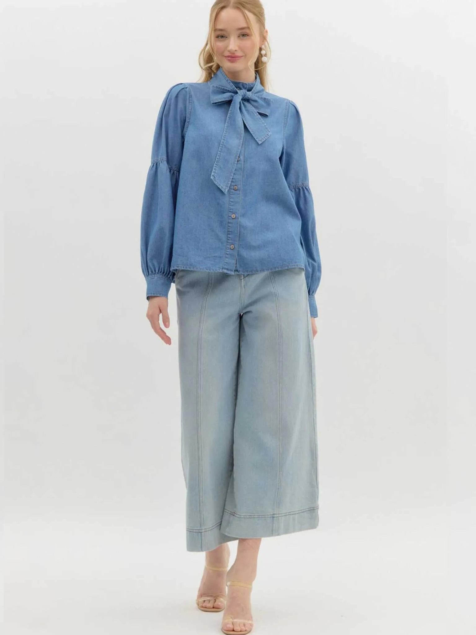 Denim Bow Tie Blouse with Ruched Long Sleeves