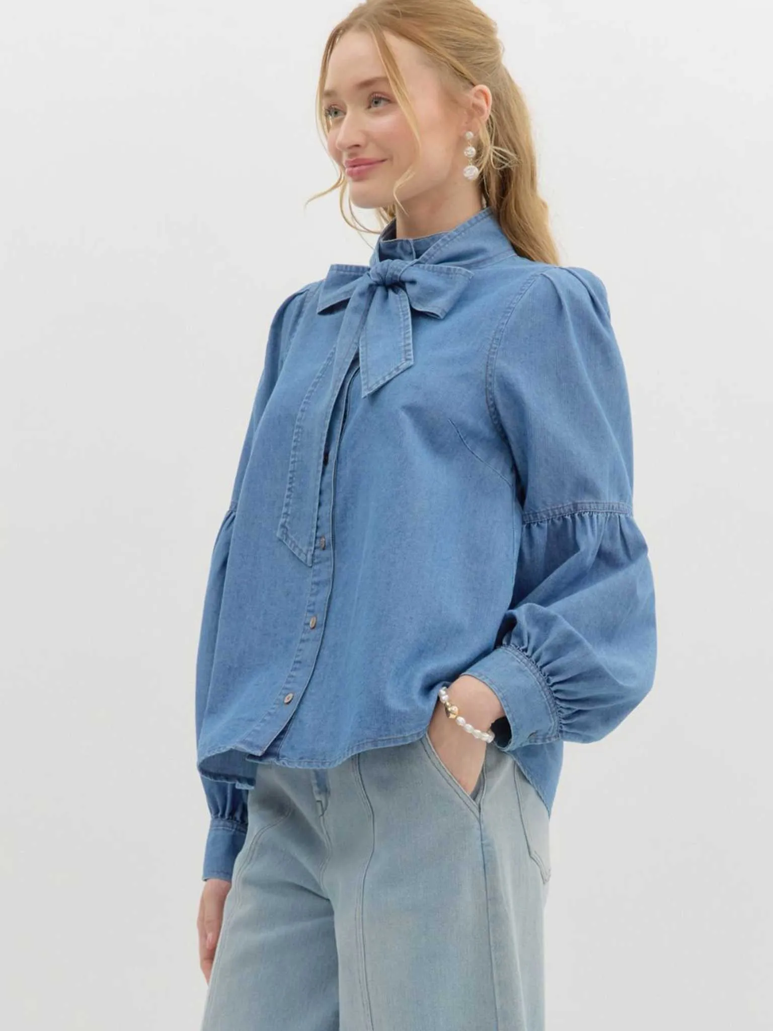 Denim Bow Tie Blouse with Ruched Long Sleeves