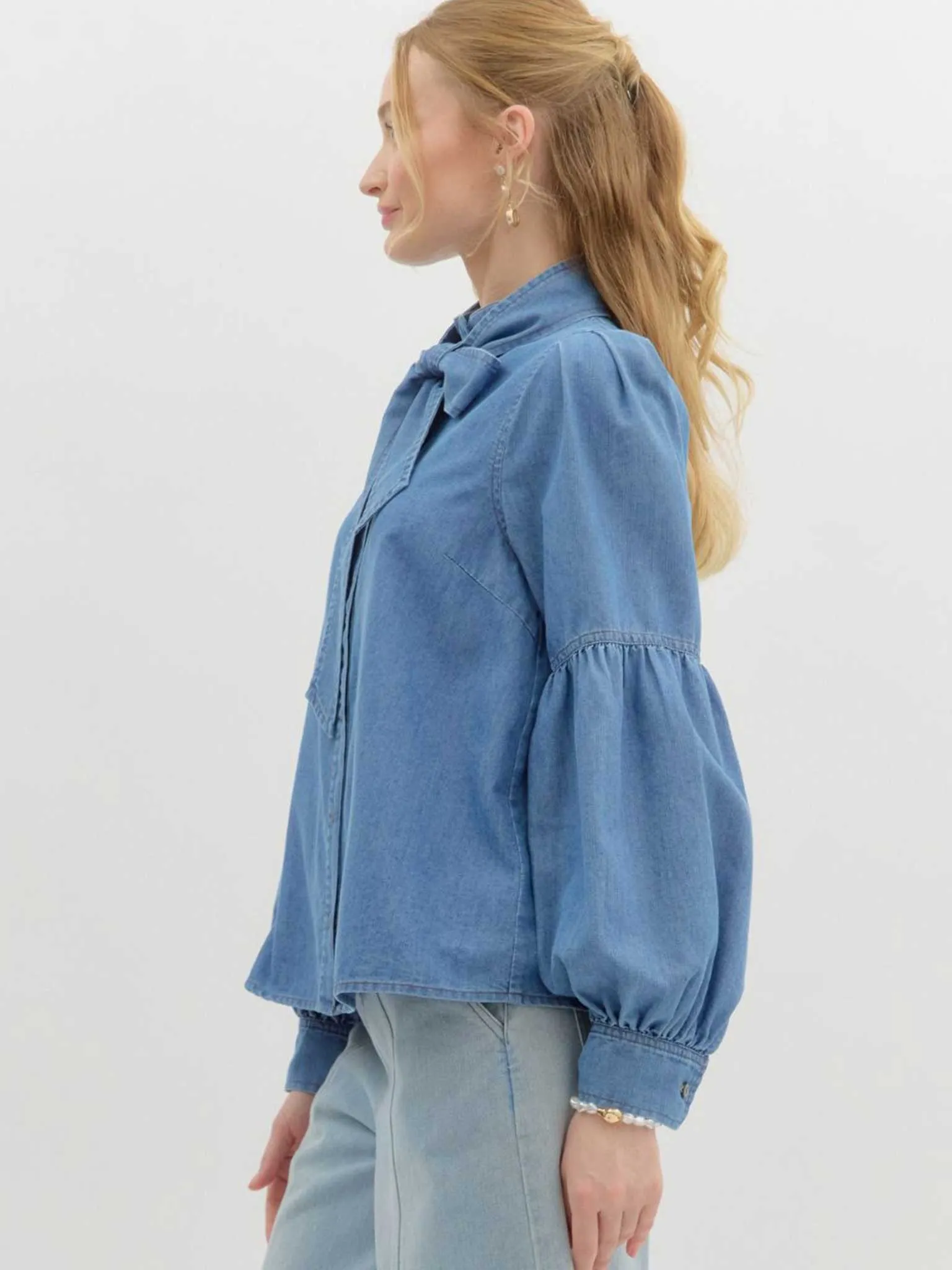 Denim Bow Tie Blouse with Ruched Long Sleeves
