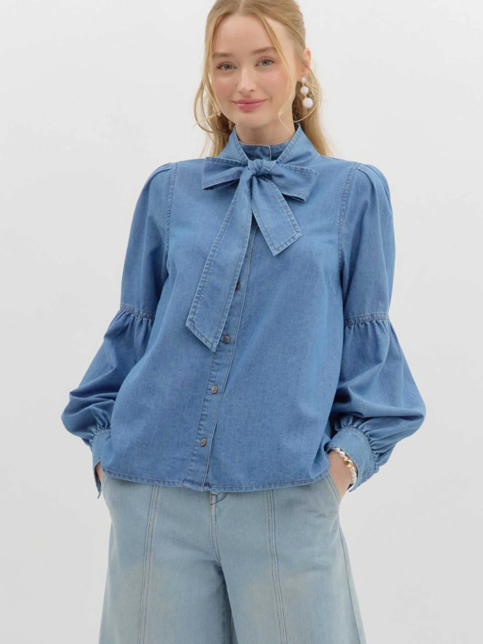 Denim Bow Tie Blouse with Ruched Long Sleeves