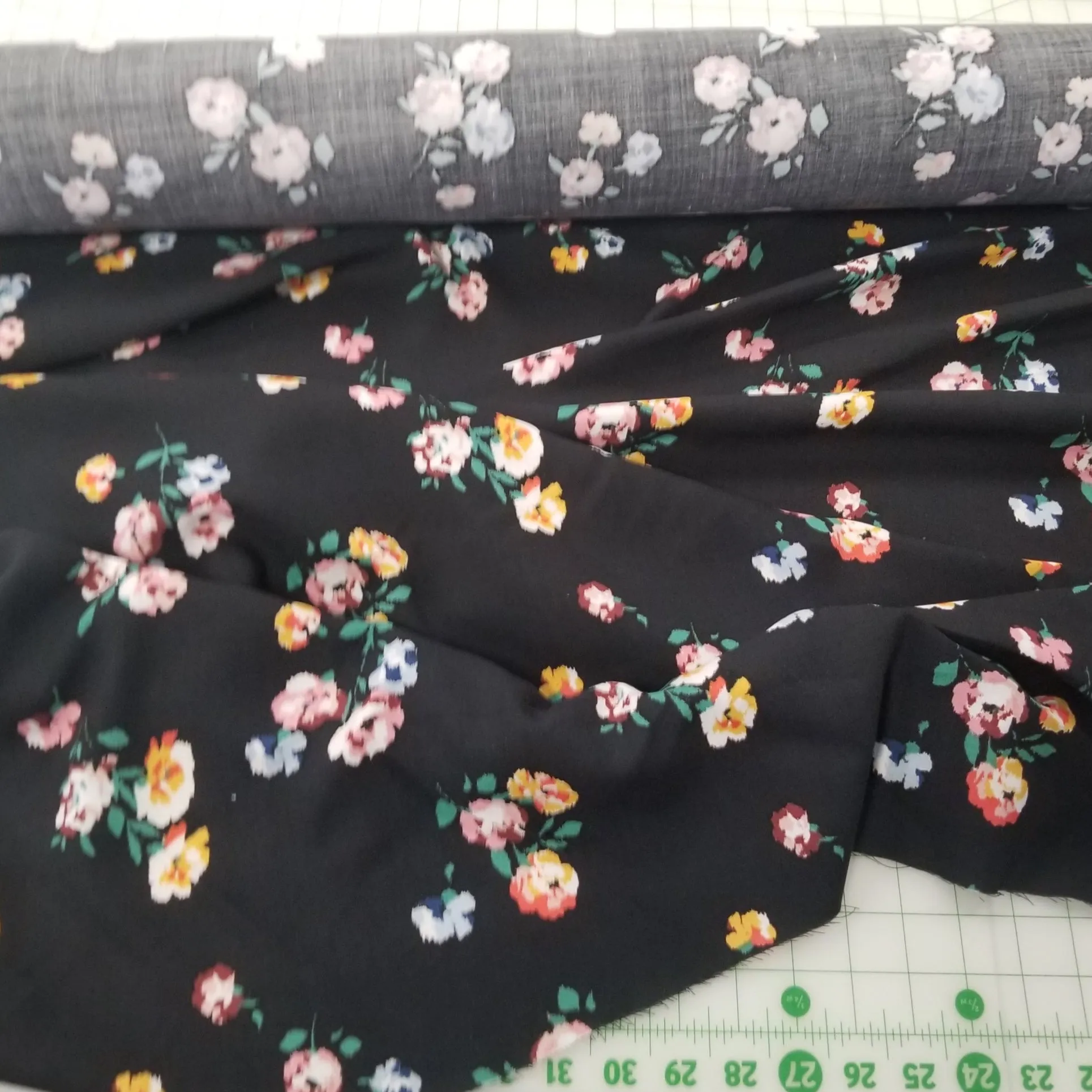 Designer Deadstock Black Scattered Floral Rayon Challis Woven 120gsm- by the yard