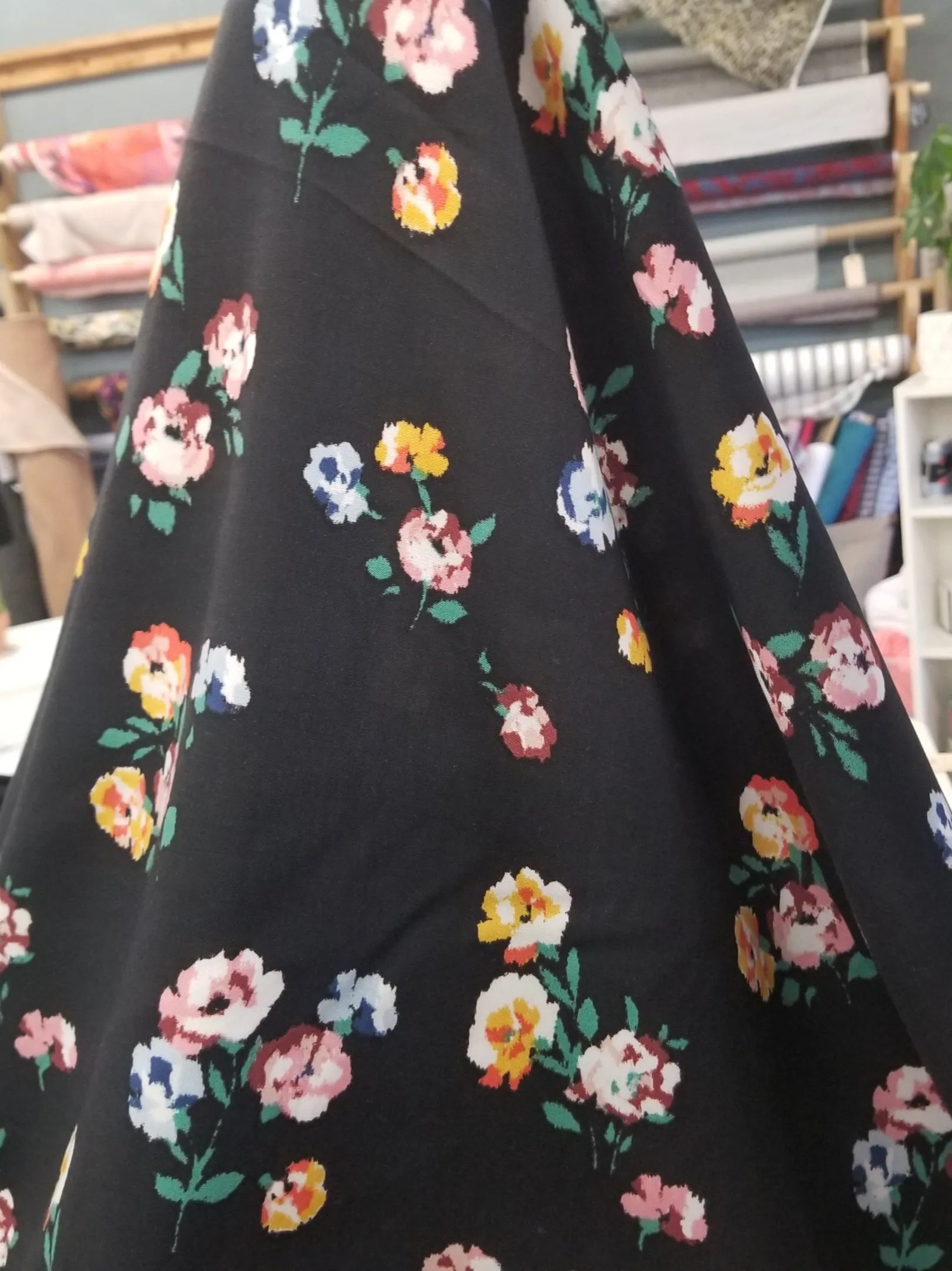 Designer Deadstock Black Scattered Floral Rayon Challis Woven 120gsm- by the yard