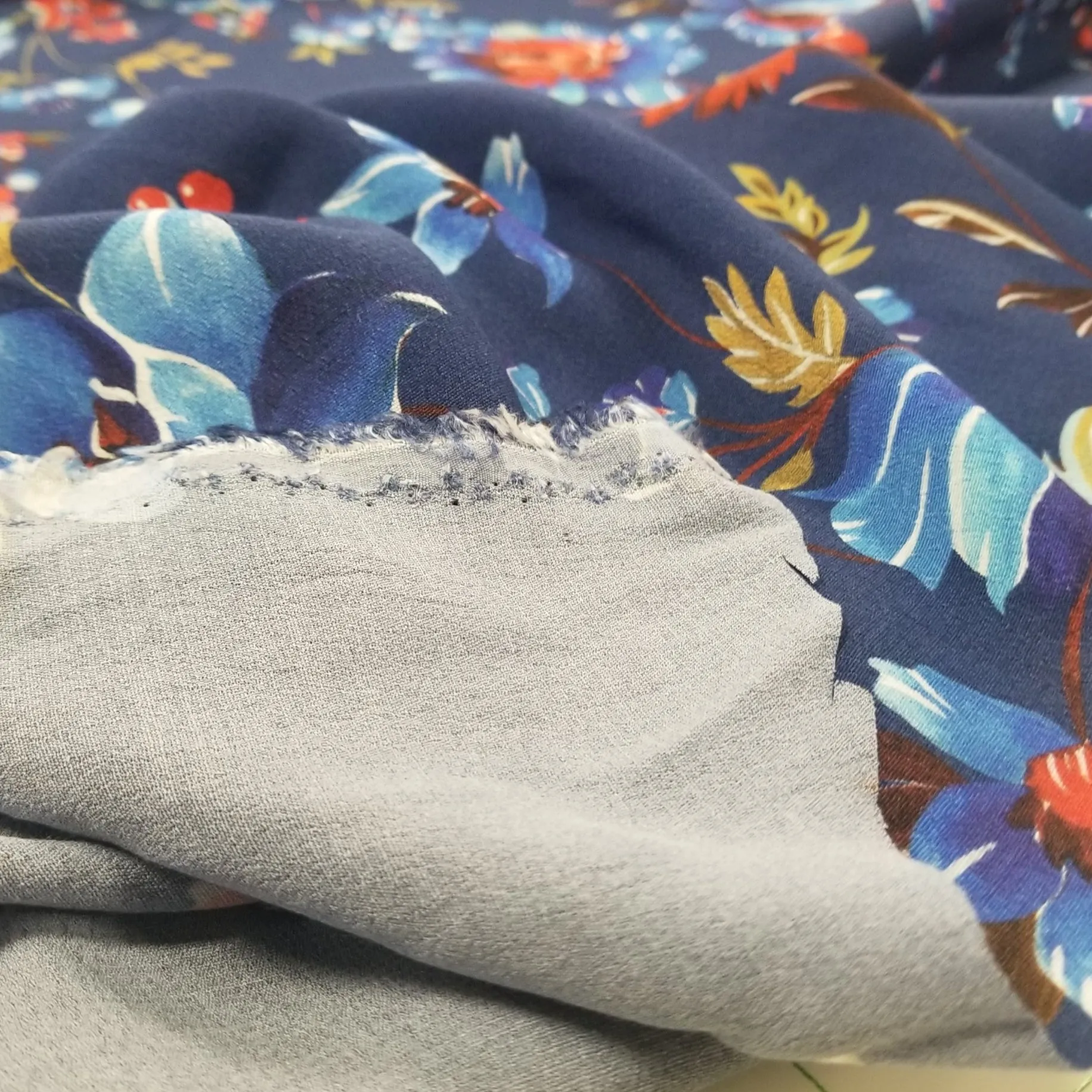 Designer Deadstock Blue Large Floral Rayon Crepe Textured Woven- by the yard