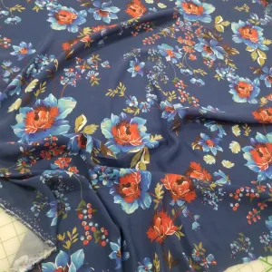 Designer Deadstock Blue Large Floral Rayon Crepe Textured Woven- by the yard