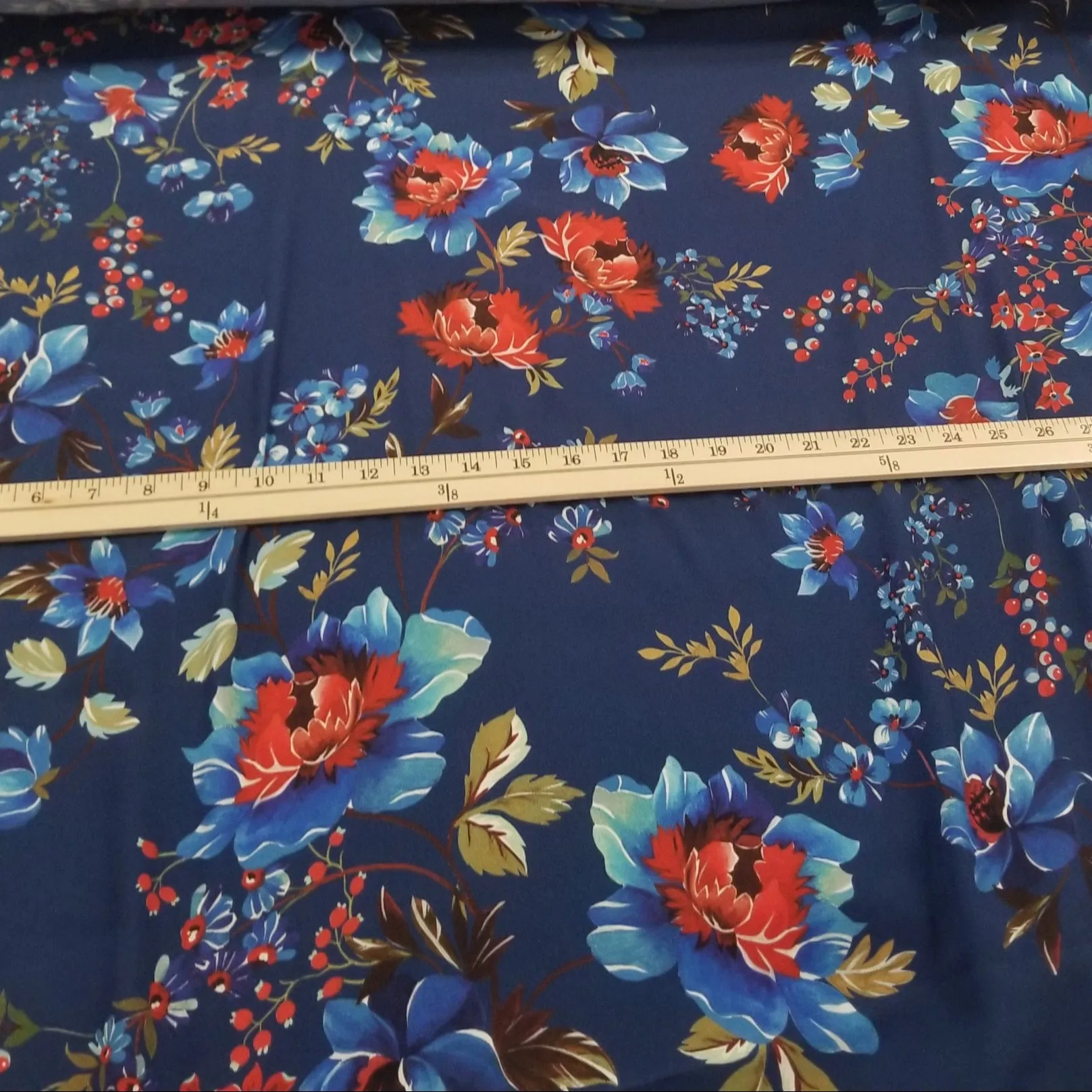 Designer Deadstock Blue Large Floral Rayon Crepe Textured Woven- by the yard