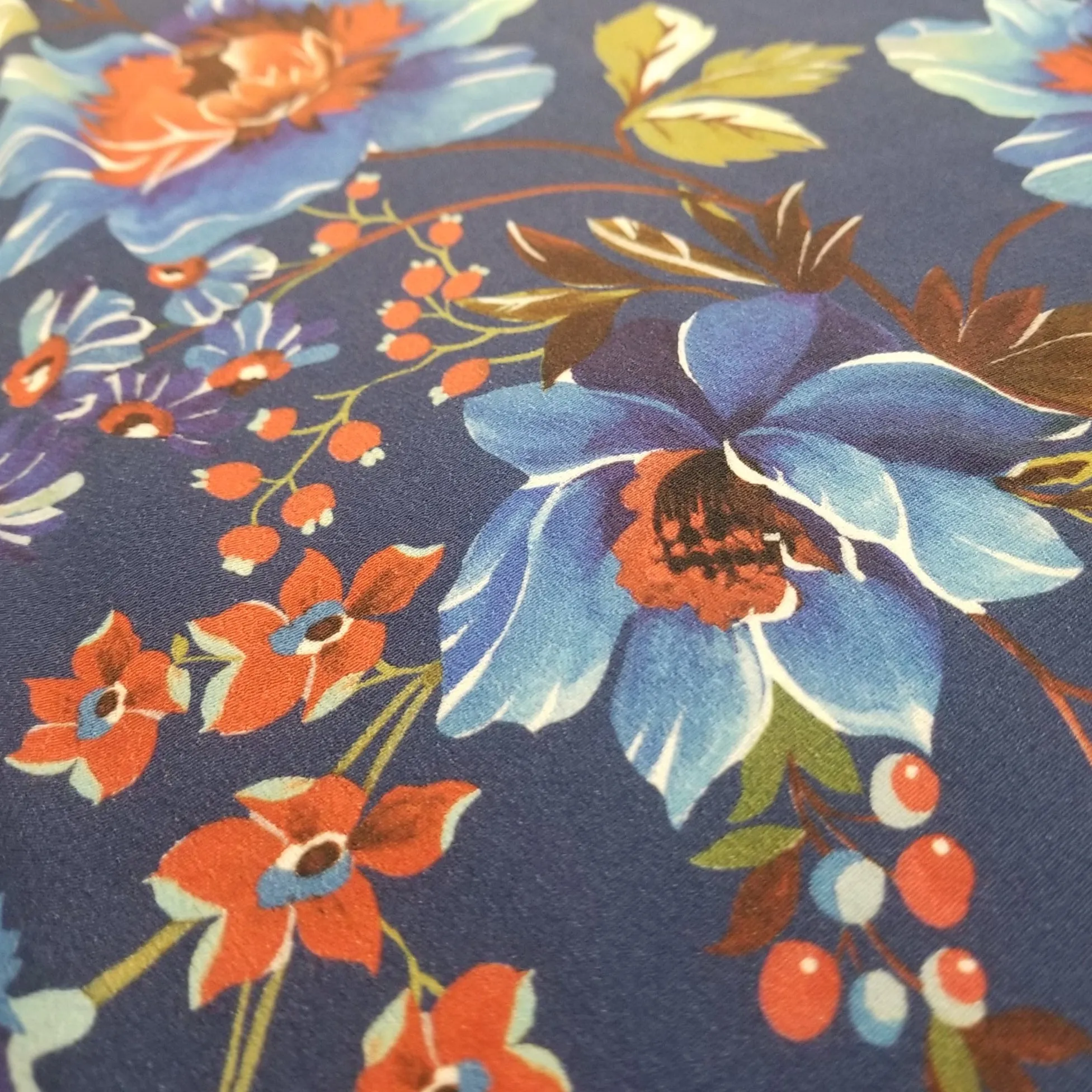 Designer Deadstock Blue Large Floral Rayon Crepe Textured Woven- by the yard
