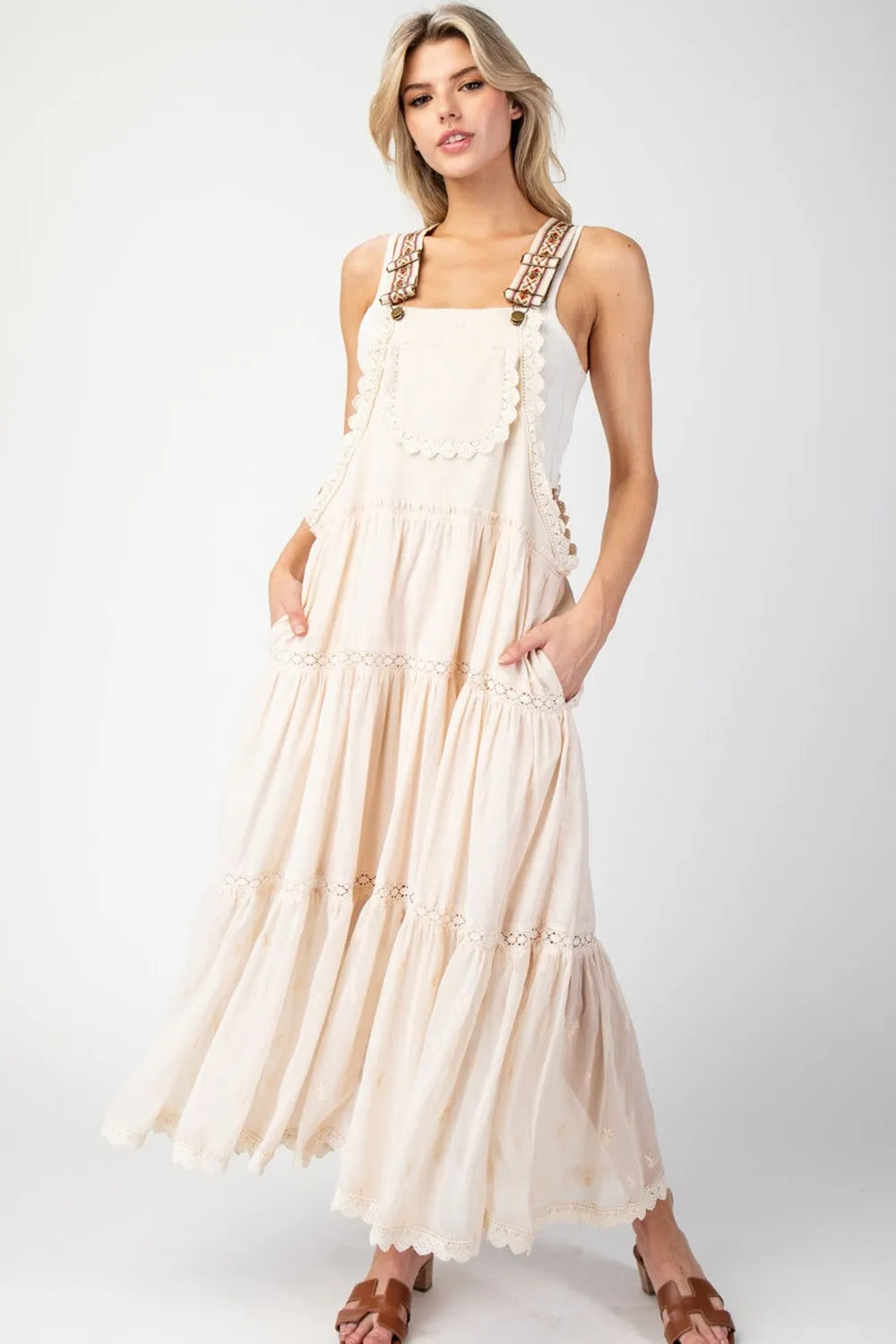 ee:some Lace Trimmed Overall Maxi Dress in Oatmeal