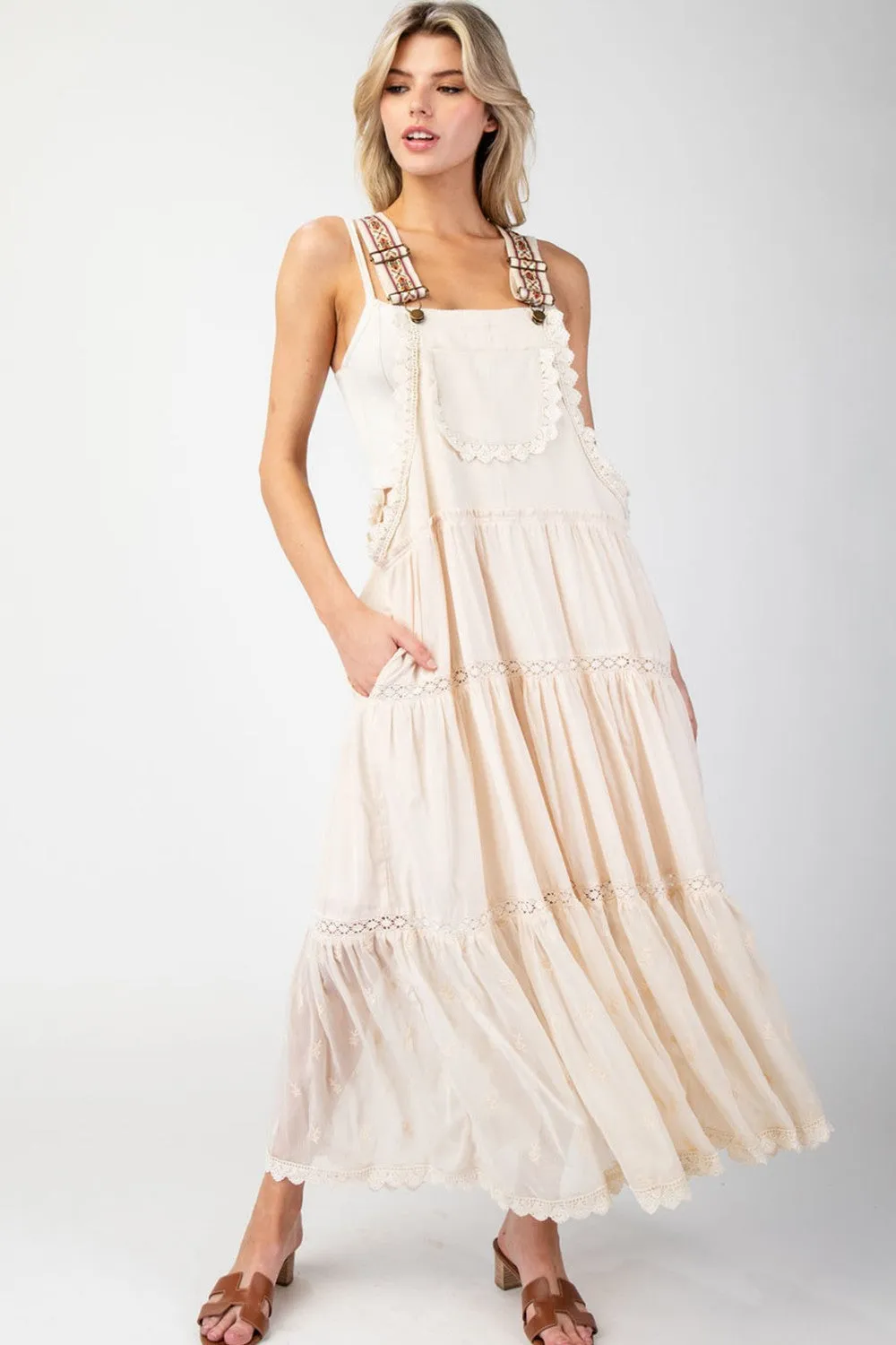 ee:some Lace Trimmed Overall Maxi Dress in Oatmeal