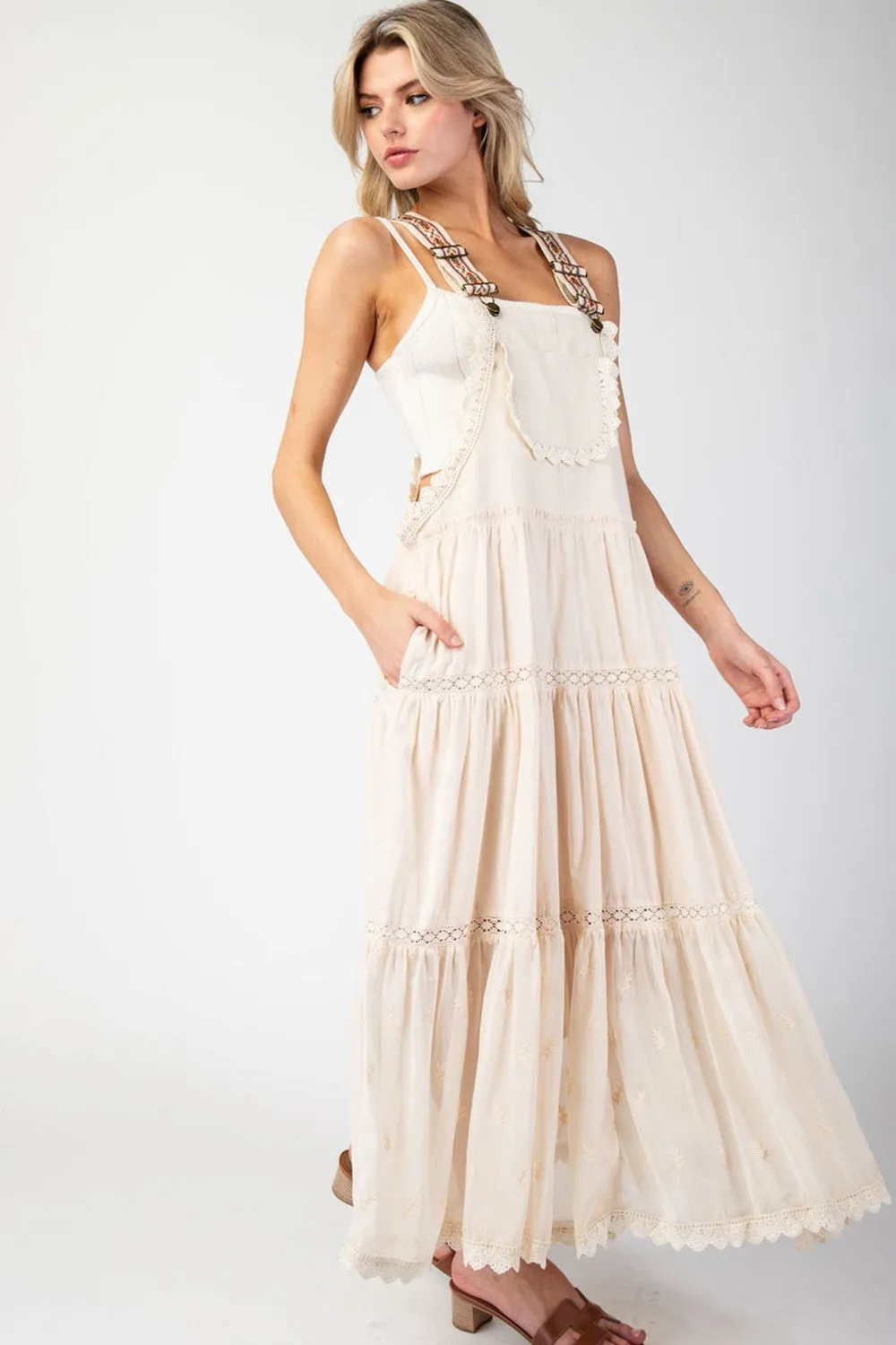 ee:some Lace Trimmed Overall Maxi Dress in Oatmeal