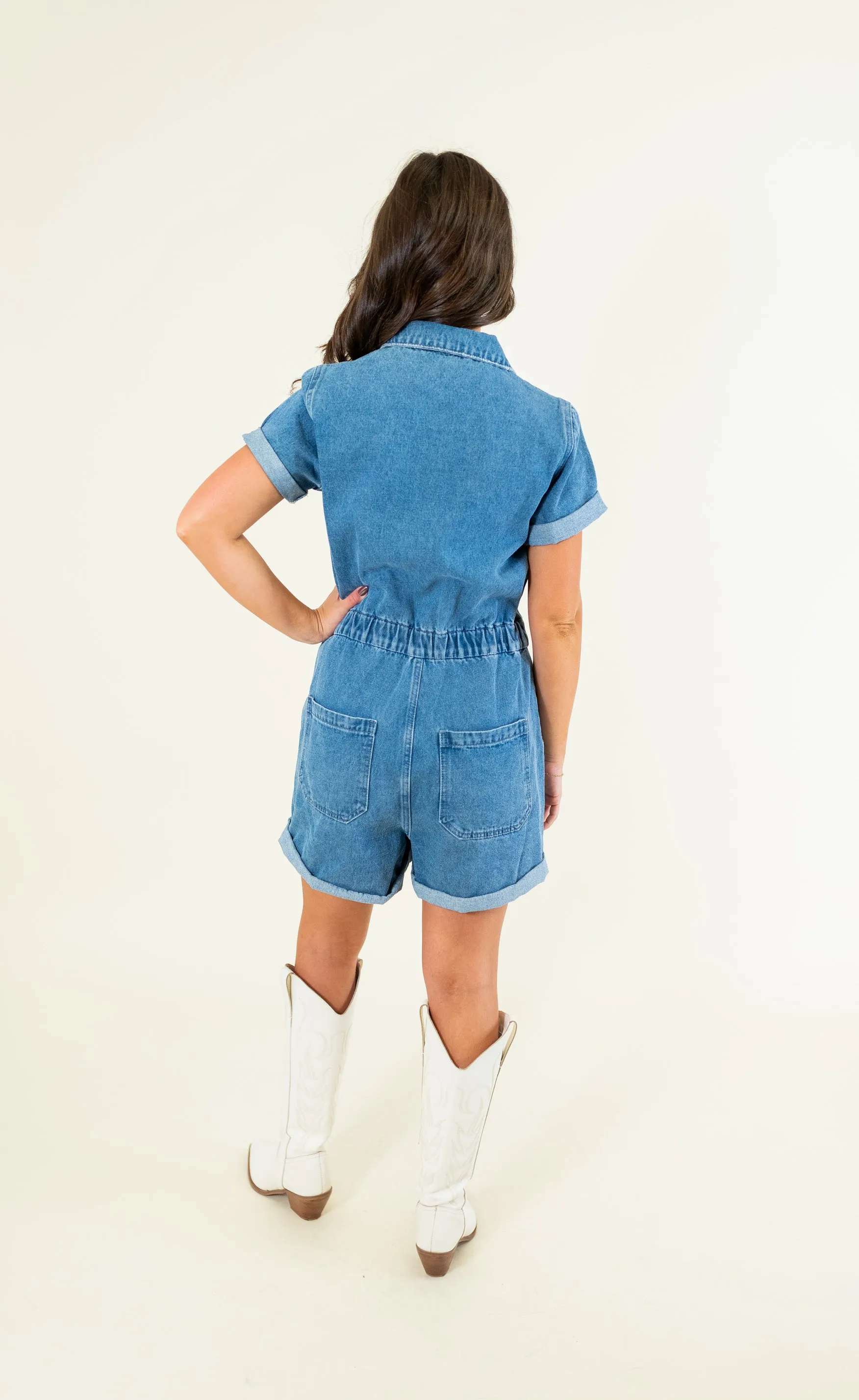 Elastic Waist Band Denim Romper