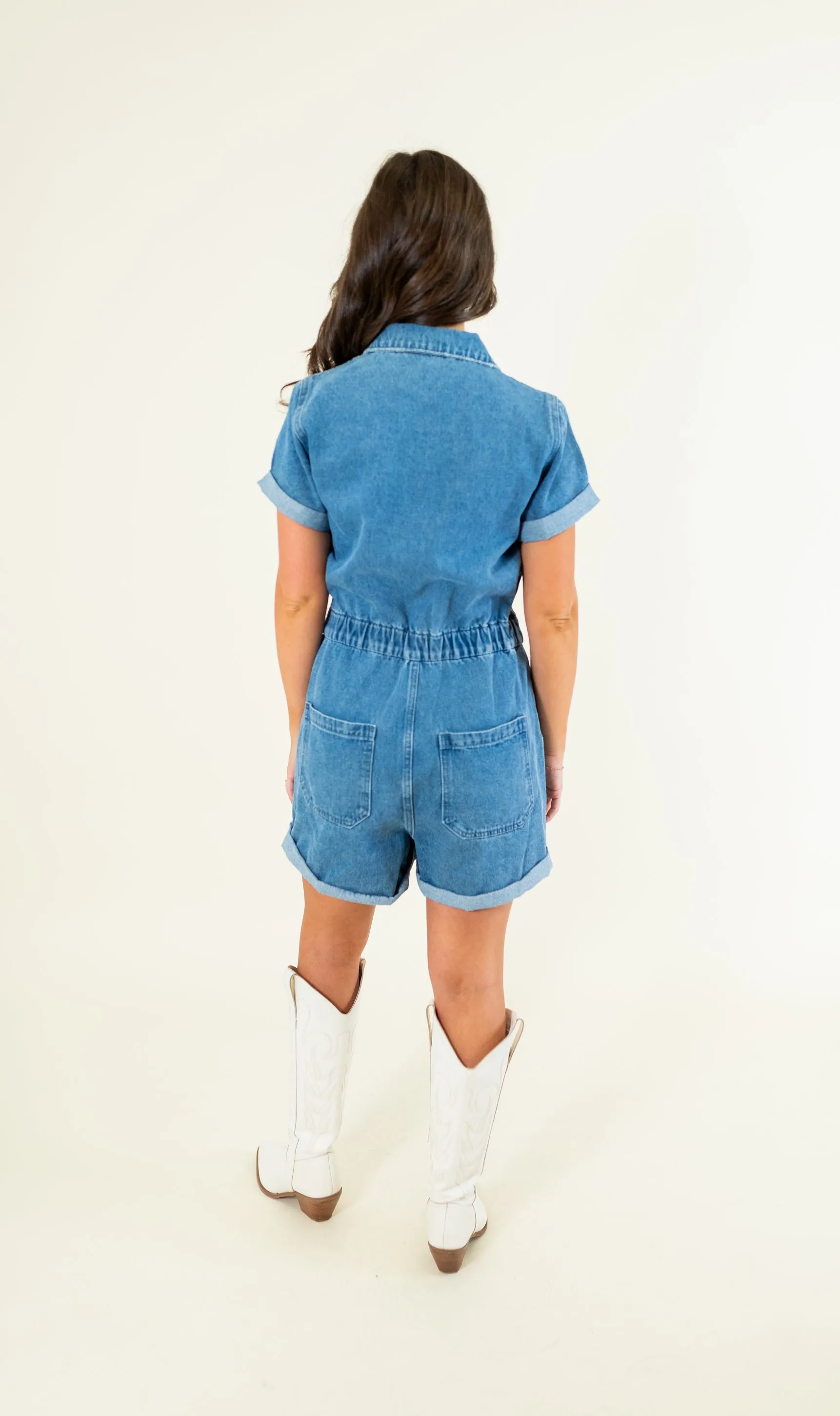 Elastic Waist Band Denim Romper