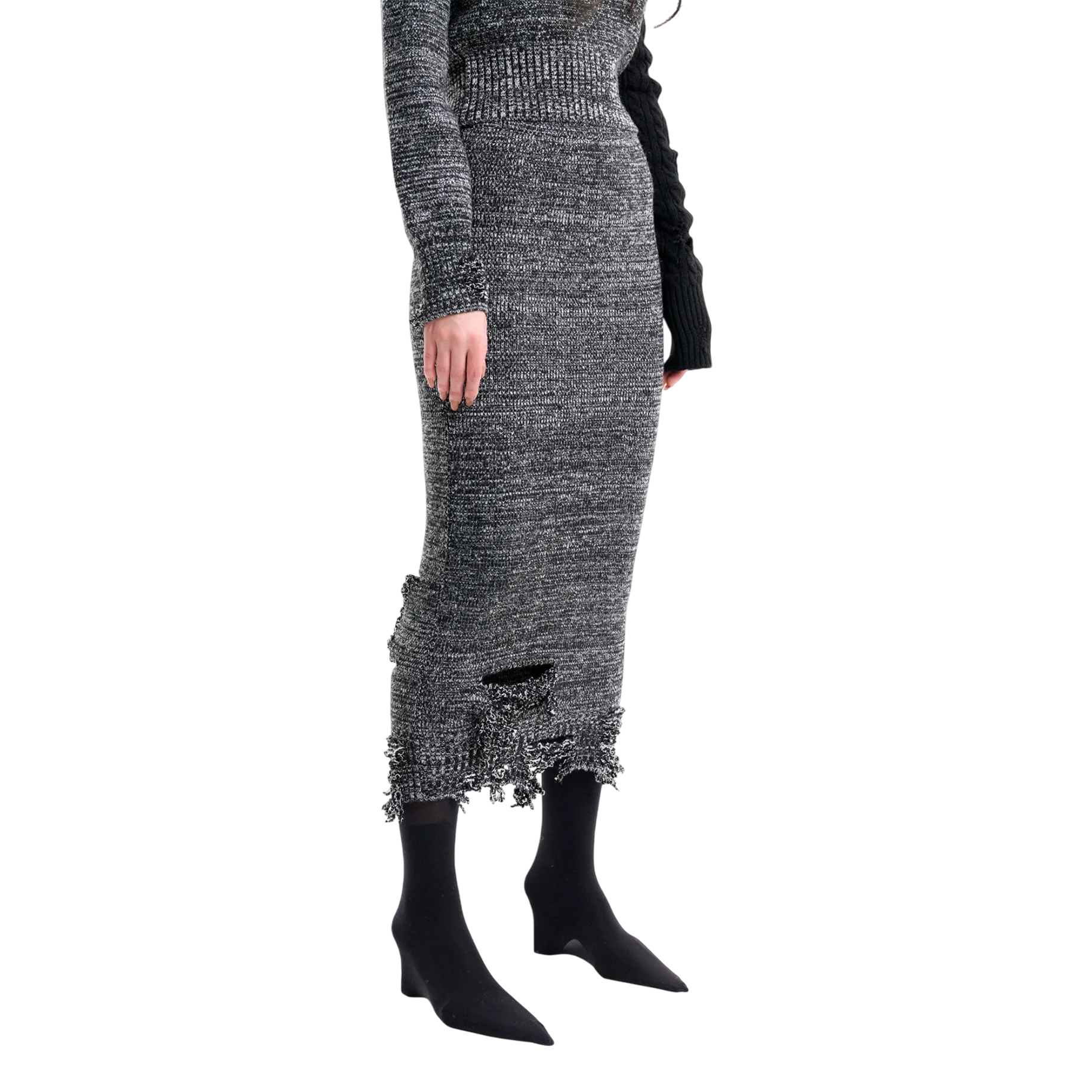(Emma) Damaged Knit Skirt in Melange Grey