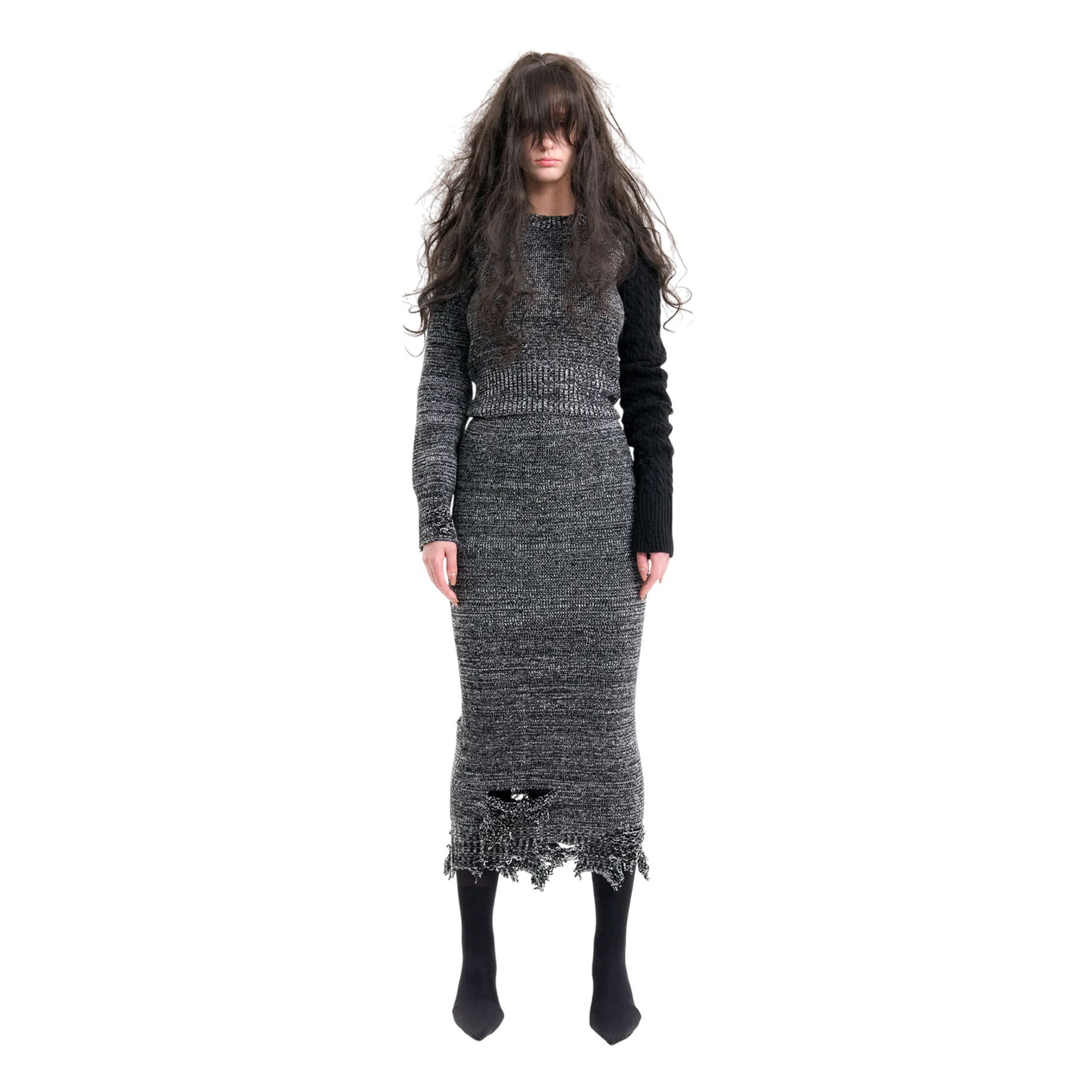 (Emma) Damaged Knit Skirt in Melange Grey