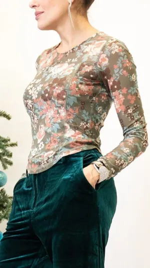 Floral Mesh Top Olive