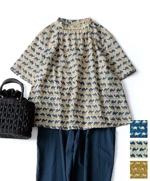 Gathered RAKUDA-san Block Print Gathered Blouse 25S477 [Expected to arrive in stock around May].
