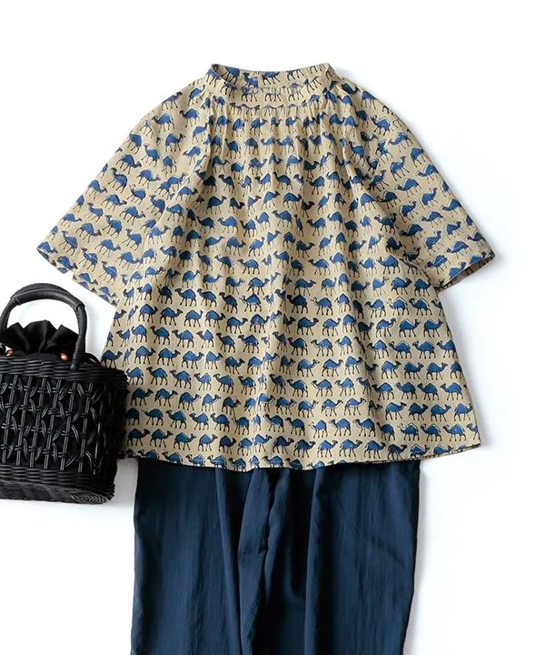 Gathered RAKUDA-san Block Print Gathered Blouse 25S477 [Expected to arrive in stock around May].