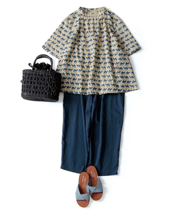 Gathered RAKUDA-san Block Print Gathered Blouse 25S477 [Expected to arrive in stock around May].