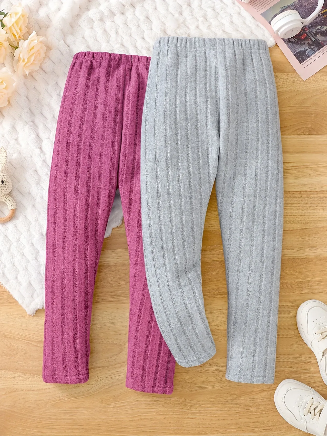 Girls' 2pcs Cozy Fleece-Lined Ribbed Knit Casual Pants