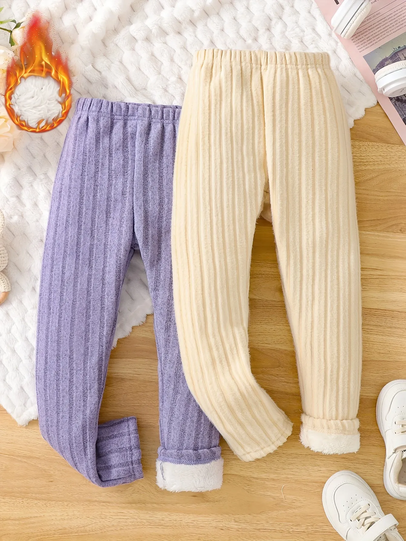Girls' 2pcs Cozy Fleece-Lined Ribbed Knit Casual Pants
