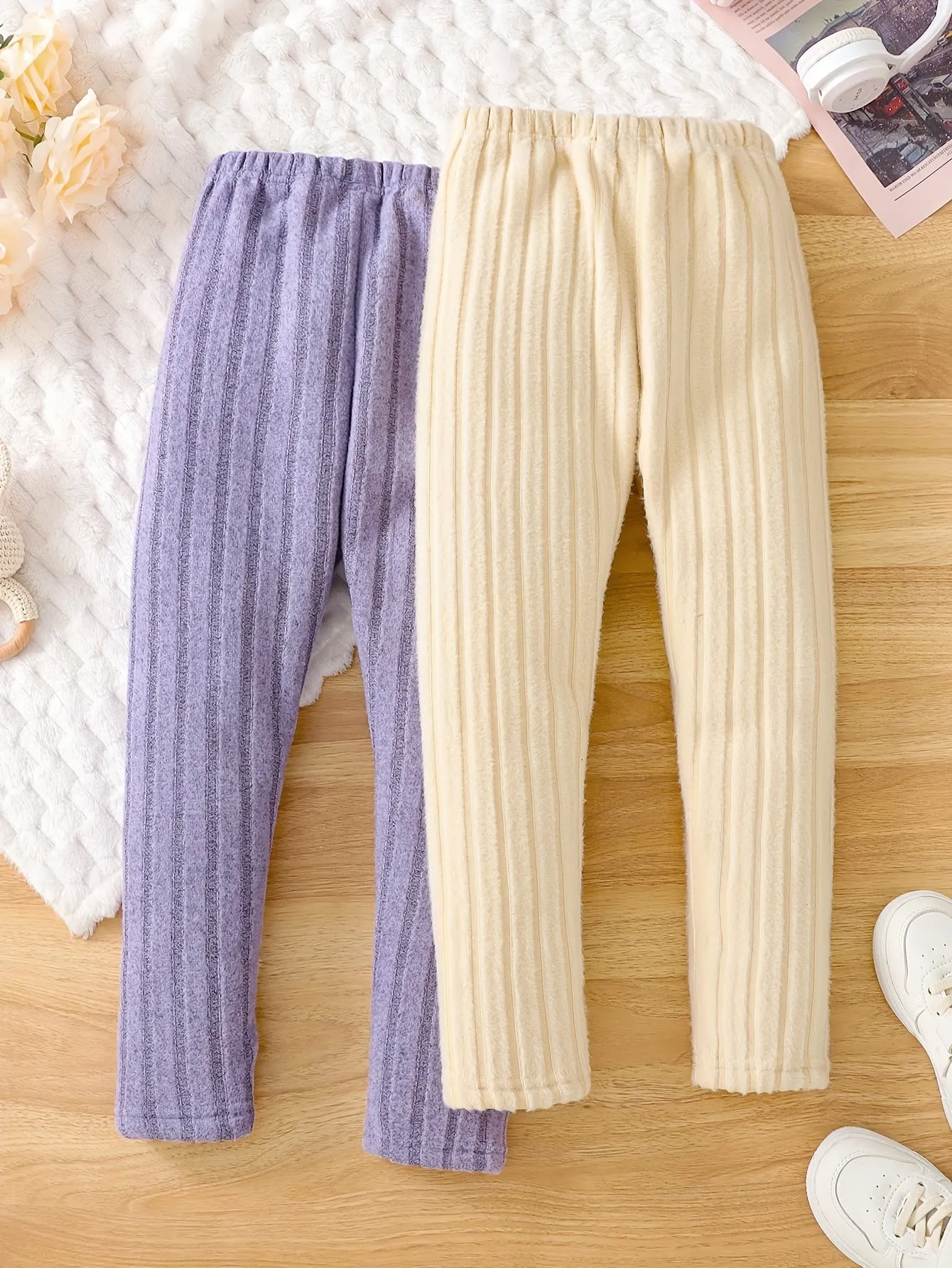 Girls' 2pcs Cozy Fleece-Lined Ribbed Knit Casual Pants