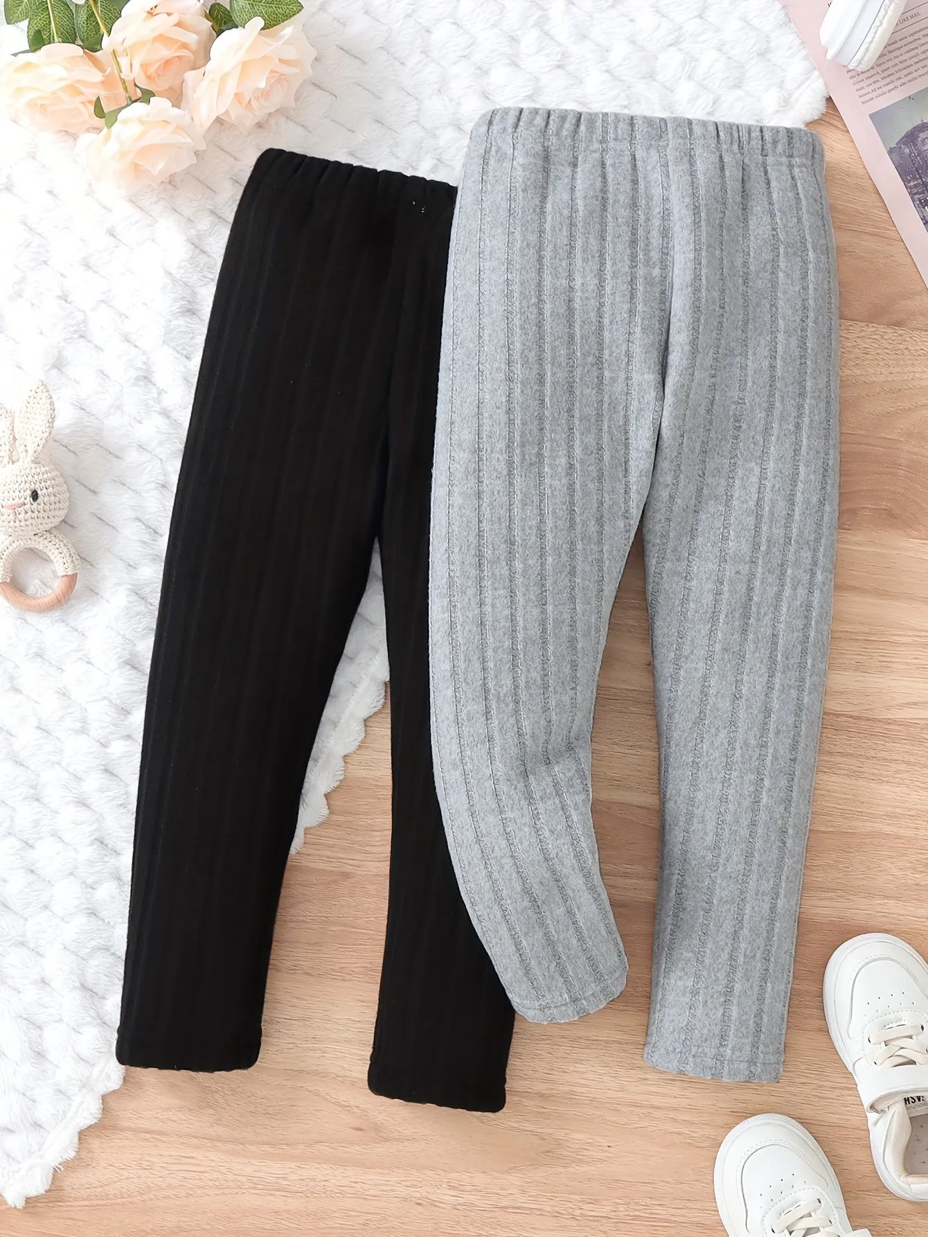 Girls' 2pcs Cozy Fleece-Lined Ribbed Knit Casual Pants