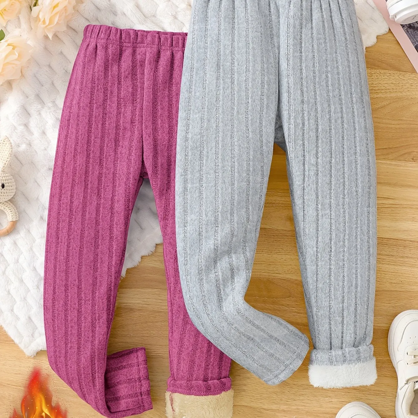 Girls' 2pcs Cozy Fleece-Lined Ribbed Knit Casual Pants