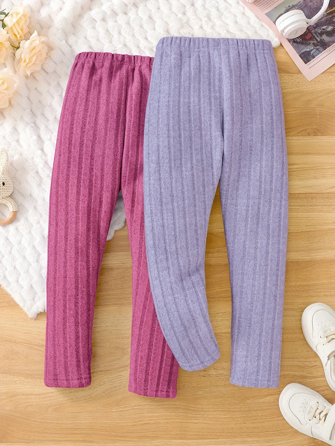 Girls' 2pcs Cozy Fleece-Lined Ribbed Knit Casual Pants