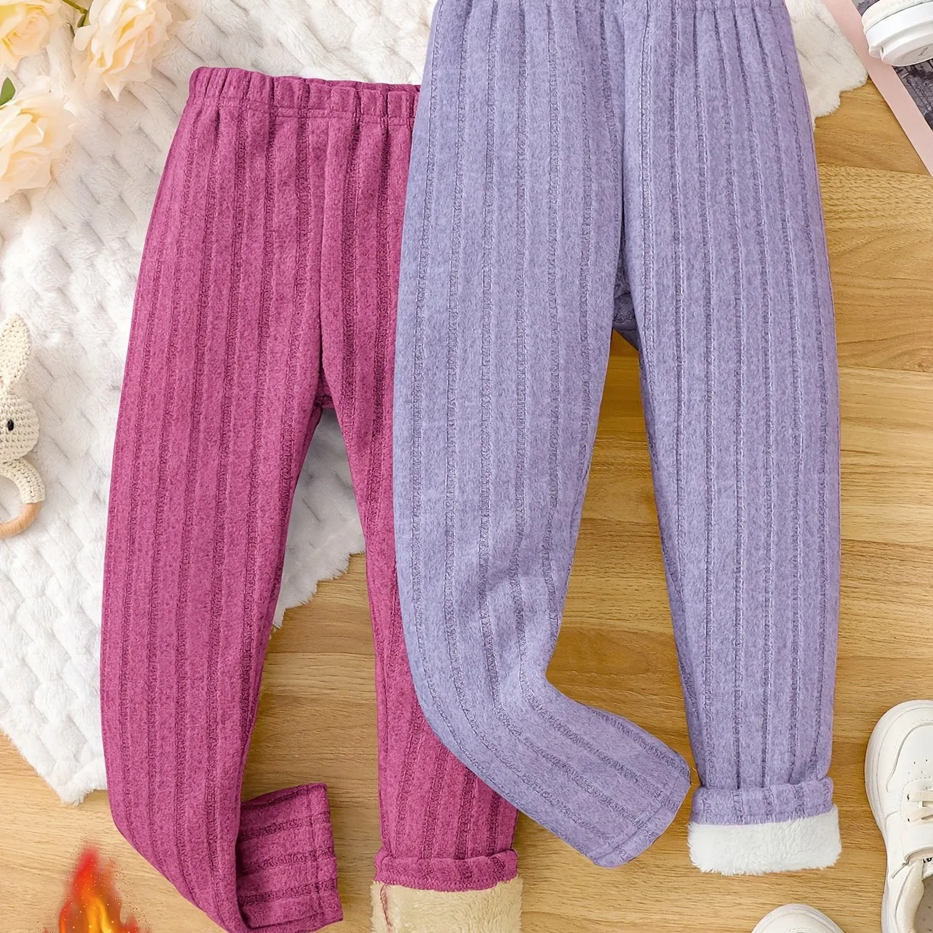 Girls' 2pcs Cozy Fleece-Lined Ribbed Knit Casual Pants